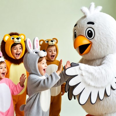Children in animal costumes high-fiving bird mascot