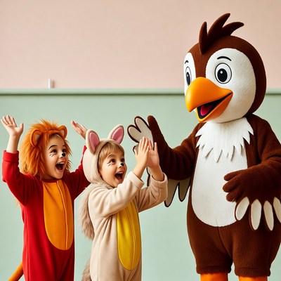 Kids in Lion Bunny Costumes High-Five Owl Mascot