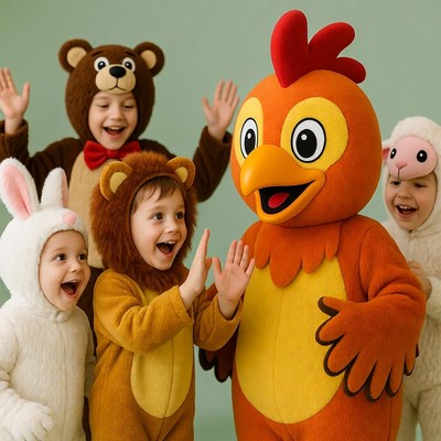 Children in animal costumes with rooster mascot