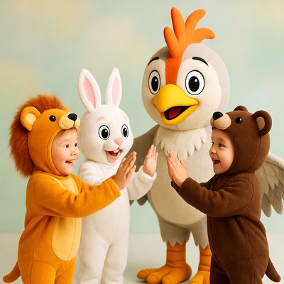 Toddlers in animal costumes clapping with mascot