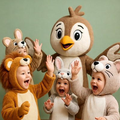 Children in animal costumes with mascot