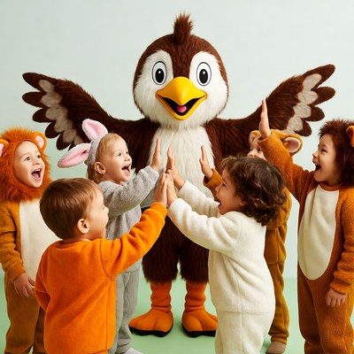 Kids in costumes high-fiving bird mascot