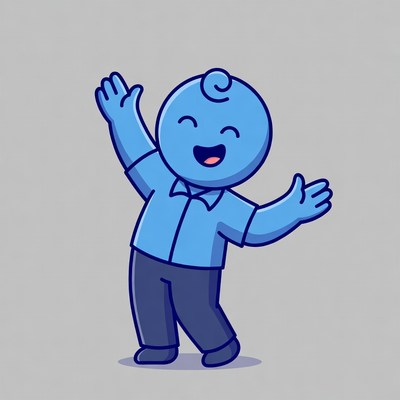 Happy blue cartoon boy raising arms