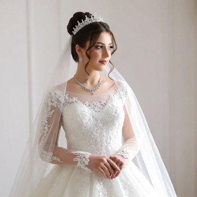 Bride in lace wedding gown with tiara