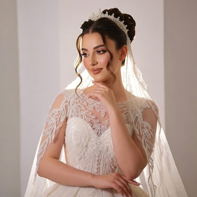 Bride in lace wedding gown with veil