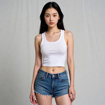 Asian woman in white tank top and denim shorts