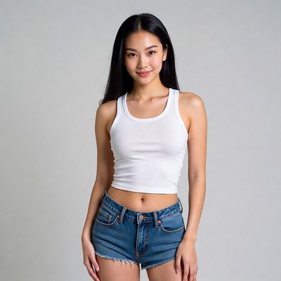 Asian woman in white tank top and denim shorts