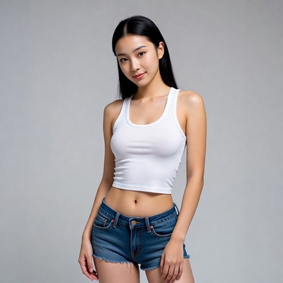 Asian woman in white tank top and denim shorts