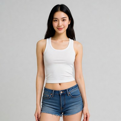 Asian woman in white tank top and denim shorts