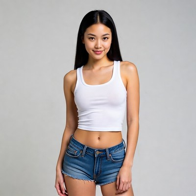 Asian woman in white tank top and denim shorts
