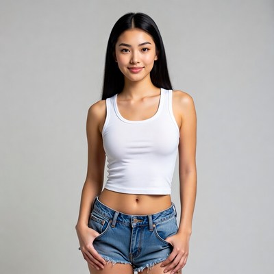 Asian woman in white tank top and denim shorts