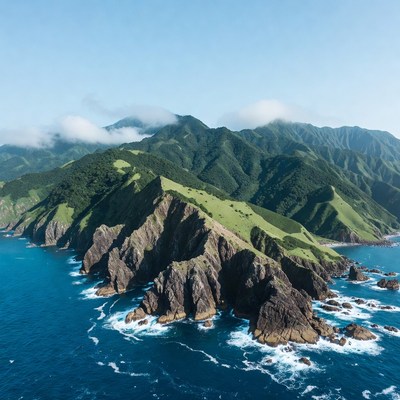 Lush Green Island with Mountains and Ocean