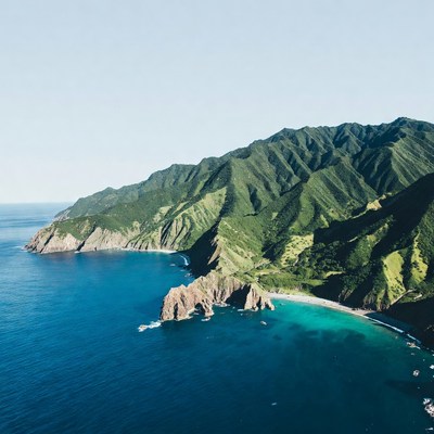 Aerial View Green Coastal Mountains Beach