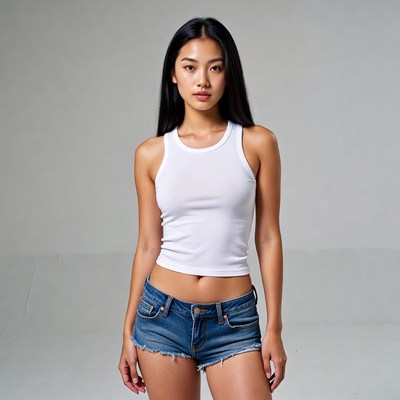 Asian woman in white tank top and denim shorts