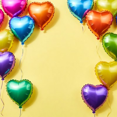 Colorful heart balloons on yellow background