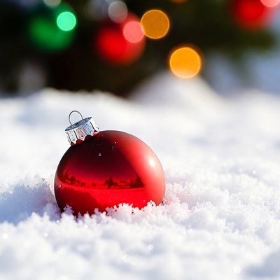 Red Christmas ornament in snow