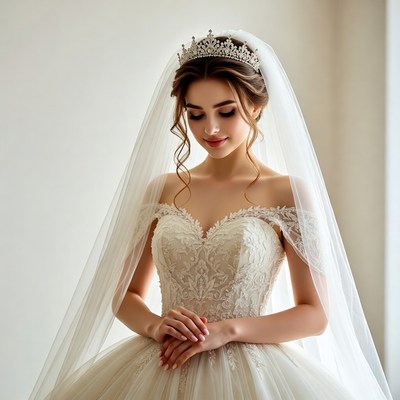 Bride in lace wedding gown with tiara