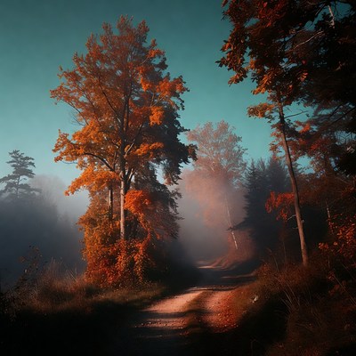 Autumn Forest Path in Fog