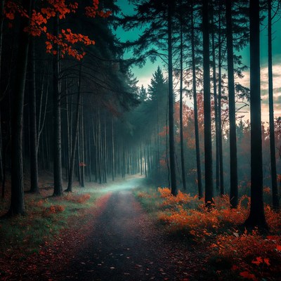 Forest Path with Red Autumn Trees