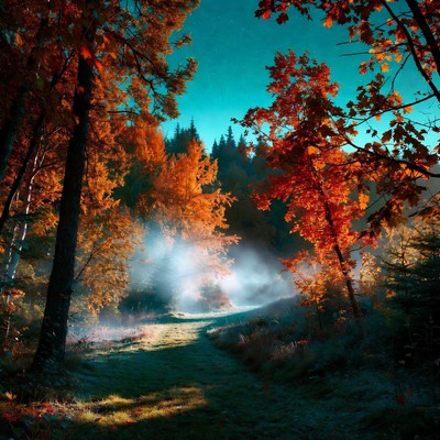 Autumn Forest Path with Fog