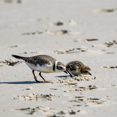 Piping Plover Feeding Chicks on Beach