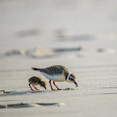 Plover and chick foraging on beach