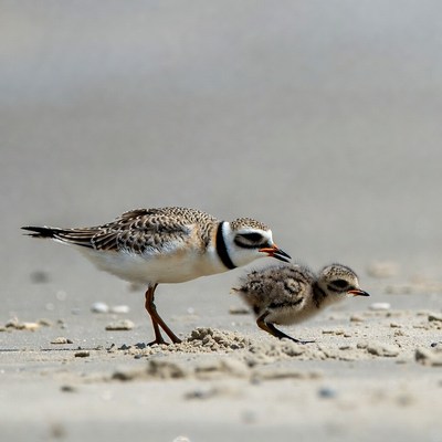 Piping Plover with Chicks on Beach
