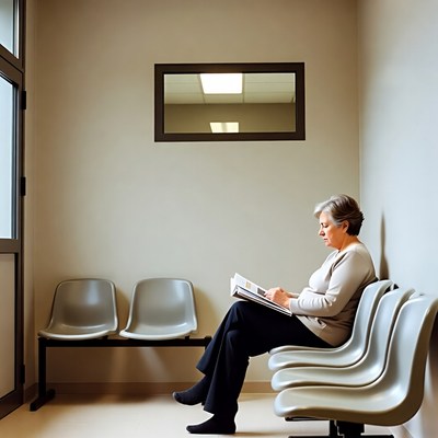 Elderly woman reading in waiting room