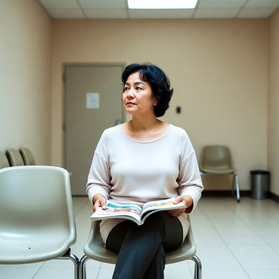 Asian woman reading book in waiting room