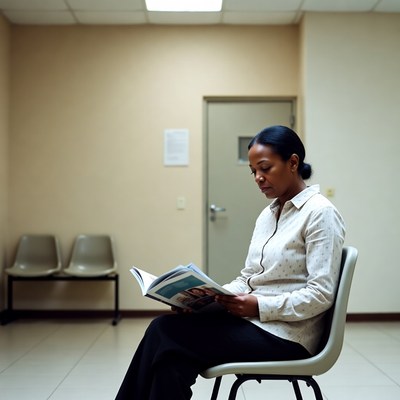 African-American woman reading in waiting room