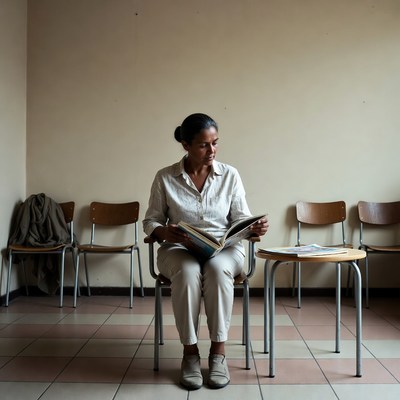 African-American woman reading book in waiting room