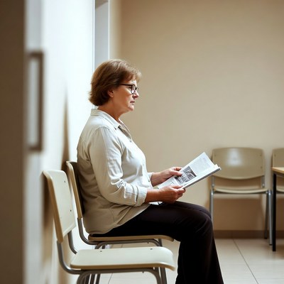 Woman reading magazine in waiting room