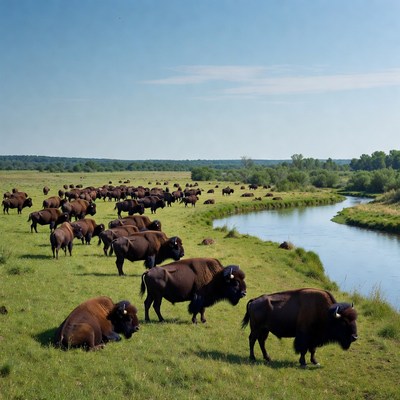 Herd of bison grazing by river