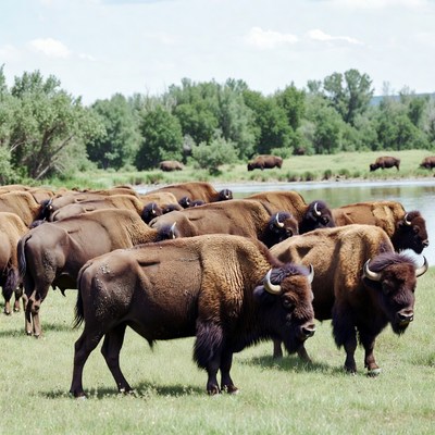 Herd of bison near river