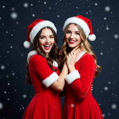 Two women in Santa dresses with snow