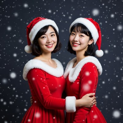Two Asian women in Santa dresses