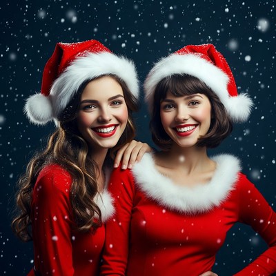 Two women in Santa hats smiling