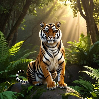 Tiger sitting in jungle sunlight