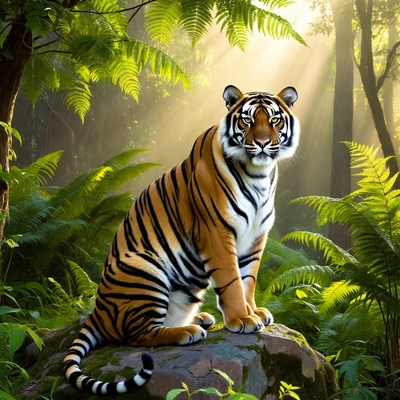 Tiger sitting on rock in jungle