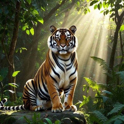 Tiger sitting in lush jungle