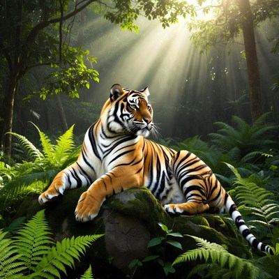 Tiger lounging on rock in jungle