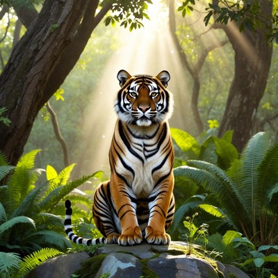 Tiger sitting on rock in jungle