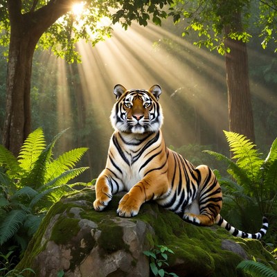 Tiger lounging on rock in forest