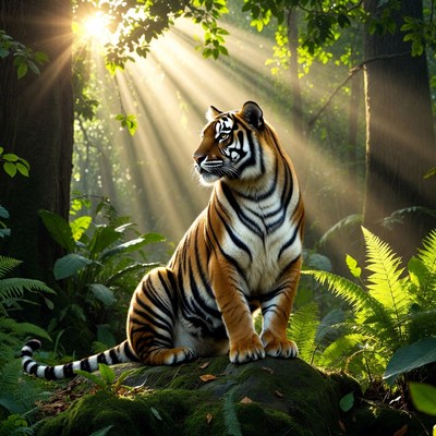 Tiger sitting in sunlit forest