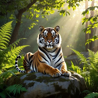 Tiger lounging on rock in jungle