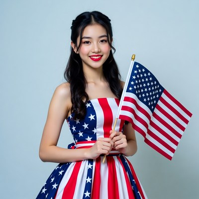 Asian woman holding American flag