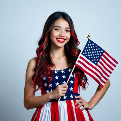 Asian girl holding American flag