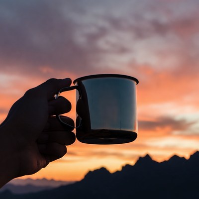 Hand holding mug at sunset mountains