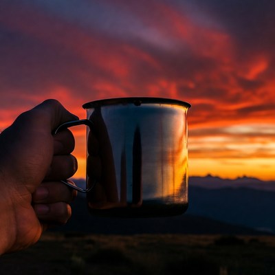 Hand holding mug at sunset mountains