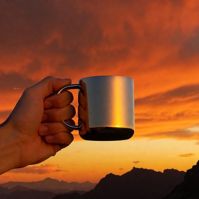 Hand holding mug at sunset mountains